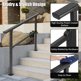 Handrails for Outdoor Steps, 4 Step Handrail Fit 3 or 4 Steps Outdoor Stair Railing, Black Wrought Iron Stair Handrail with Installation Kit, Metal Porch Railing