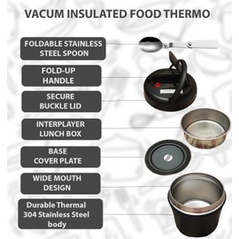 Skifnee - Thermo Food Jar For Hot Food - 40 OZ, Thermos soup containers With lid, Wide Mouth Vacuum Insulated Stainless Steel Leakproof Bento Box With Spoon,Black