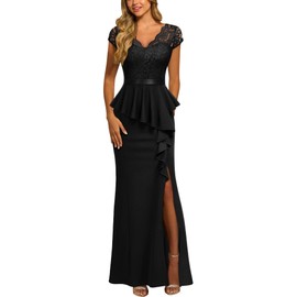 MISSMAY Women's Elegant Floral Lace Ruffle Split Cocktail Party Long Dress (X-Large, Black)