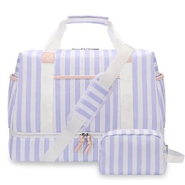 Weekender Bags for Women with Shoe Compartment & Wet Pocket 2Pcs Set Stripe Overnight Bag with Toiletry Bag Large Travel Duffle Bag Mommy Bag (Blue)