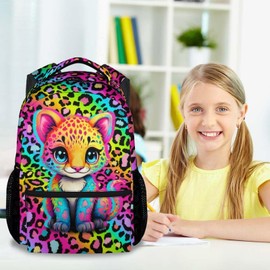 NICEFORNICE School Backpack for Girls - 17 Inch Kids Cheetah Backpacks Ages 6-8 - Cute Rainbow Leopard Print School Bag for Kindergarten