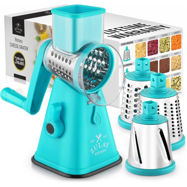 Zulay Kitchen Manual Rotary Cheese Grater with Handle - Round Cheese Shredder Grater with 3 Interchangeable Stainless Steel Blades - Easy to Use Fruit, Nut, and Vegetable Grater (Light Blue)