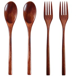 AOOSY Cutlery, Spoon, Fork, 4-Piece Set, Commuter Tableware Set, Bento Box, Portable, Students, Natural Wooden Dinner Set
