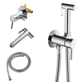 SHAMANDA Warm Water Bidet Sprayer for Toilet with Hot and Cold Brass Rough-in Valve, Stainless Steel Round Handheld Bidet Attachment Set for Feminine, Pets and Baby Diaper Wash, Polished Chrome BDS09