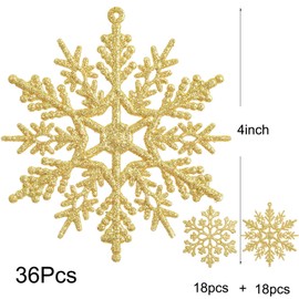 DearHouse 36Pcs Christmas Glitter Snowflake Ornaments, 4 Inch Plastic Snowflake Christmas Tree Ornaments Decorations for Winter Wonderland Christmas Party Decorations, Gold