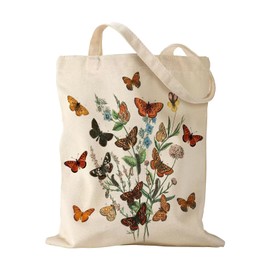 ALMLWIAJ Printed Butterfly Floral Canvas Tote Bag, 35 x 38 cm, Natural Cotton, Floral Design, Cream Colour, caterpilar