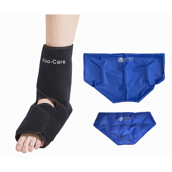 Koo-Care Foot & Ankle Ice Pack & Wrap for Injuries - Neoprene Support Brace with 2 Reusable Flexible Gel Hot Cold Pack - Pain Relief for Arthritis, Plantar Fasciitis, Achilles Tendonitis