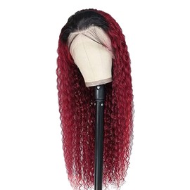 Lakaisa Front Lace Wig Human Hair Wig Real Hair Women's Glueless Wig Wear and Go Deep Wave Wig 100% Brazilian Remy Hair Red Ombre Colour 13 x 1 HD Lace 180% Density No Smell 24 Inches (61 cm)