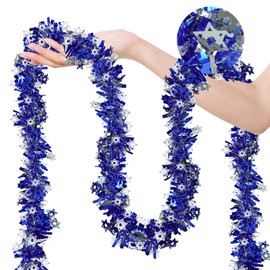 Prashent 66 Ft Hanukkah Tinsel Garland Blue Metallic Garland with Silver Stars Hanukkah Chanukah Decorations for Outdoor Indoor Holiday Party Christmas Supplies