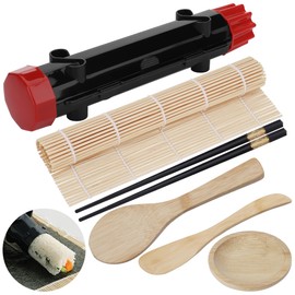 Kssvzz 6Pcs Sushi Making Kit, Multifunctional Sushi Maker with Rolling Mat, Bazooka Roller, Chopsticks, Paddle, Spreader, Sauce Dish, Portable Beginner Sushi Mold Kit for Home, Picnic