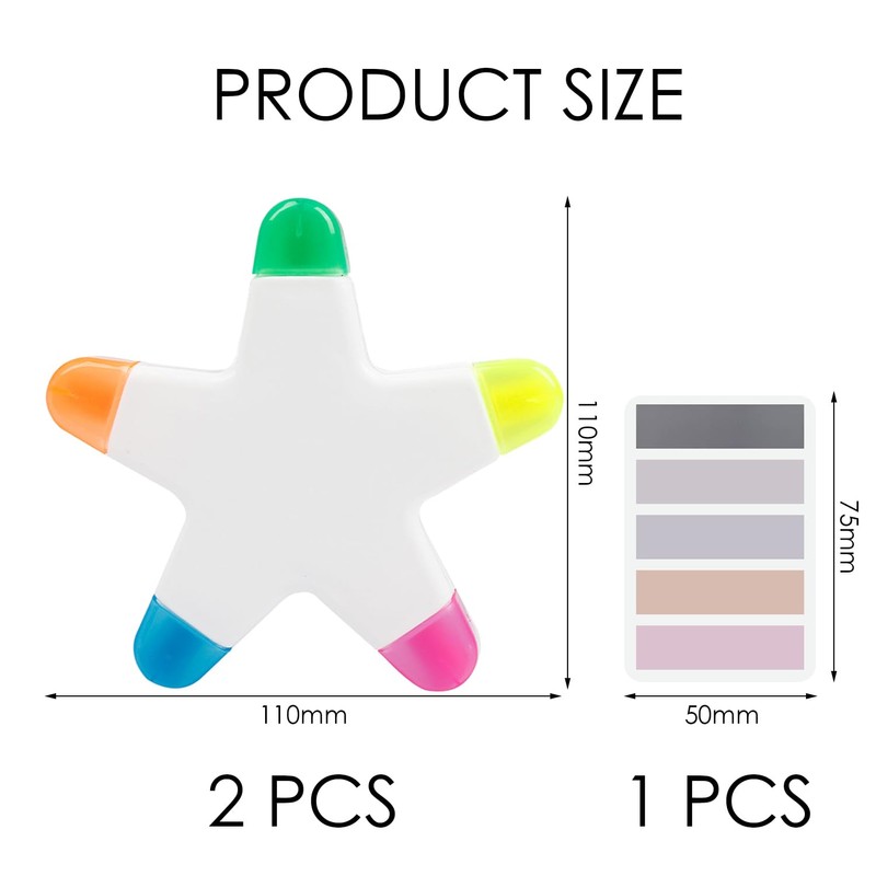 TYGFRT 2 Five-Pointed Star Highlighter Pens, 100 Index Stickers, Five-Pointed
