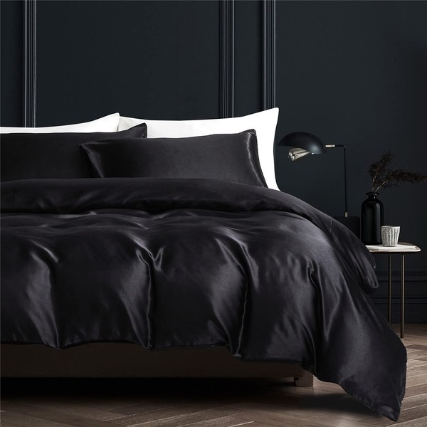 NORCH Black Satin Silk Duvet Cover Set Double Bedding Set Luxury Sexy Soft Quilt Cover with Pillowcases