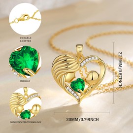 FANCIME Mum Necklace Women, 925 Sterling Silver Heart Mother and Children Birthstone Pendant Necklace Jewellery Mother's Day Gift Birthday Gift for Mum Ladies Women, Sterling Silver, Emerald
