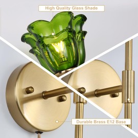 XIYOUVE 2 Pack Plug in Gold Wall Sconce with Green Glass Shades, Modern Mid Century Bathroom Vanity Wall Light Fixtures, Industrial Brushed Brass Wall Lamp, for Bedroom Mirror Living Room
