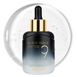 Farmstay Black Snail & Peptide9 Perfect Ampolla, suero de mucina de caracol coreano para piel elástica y brillante, aumenta el resplandor y reparación del suero barrera de la piel, para mujeres y hombres, cuidado de la piel coreano, 1.18 onzas líquidas