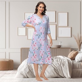 Verve Jelly Women Zipper Bathrobe 3/4 Sleeve House Dress Full Length Duster Housecoat with Pockets Purple XXL