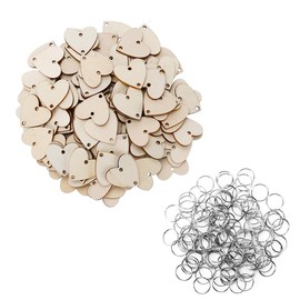 Toyvian 50pcs Wooden Board Heart Tags Wooden Love Heart Slices Discs with Holes and 50pcs Iron Loops Rings for Birthday Wedding Party
