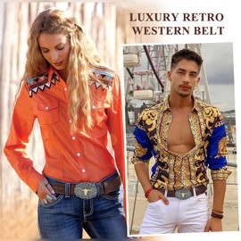 Western Leather Buckle Belt for Men Women Floral Engraved Cowboy Belt Longhorn Bull Buckle Waist Belt for Jeans Pants,A-Brown,XL