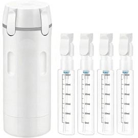 Dispensador de Viaje 4 en 1, Set de 4 Frascos de 30 ml, Blanco | Botellas de Toilette Recargables a Prueba de Fugas con Etiquetas, ,Acondicionador y Loción – Accesorios para Gym, Campamento