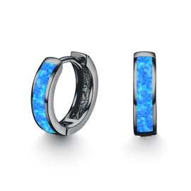 Small Opal Hoop Earrings for Men Women 925 Sterling Silver Black Gold Huggie Hoop Earrings Blue Opal Jewelry Birthday Christmas Gift 14 mm