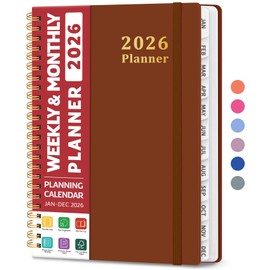 2026 Planner, Weekly and Monthly Planner, January 2026 - December 2026, Hardcover 2026 Calendar Planner Book with Tabs For Women & Men, Inner Pocket, Spiral Bound, Perfect for Office Home School Supplies - A5 (6.3" x 8.5"), Rust Brown