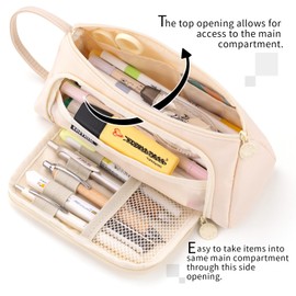 EASTHILL Pencil Case Large Capacity Pencil Pouch School Suppies Pen Case Stationery College Office Organizer for Girls Adults-Cream