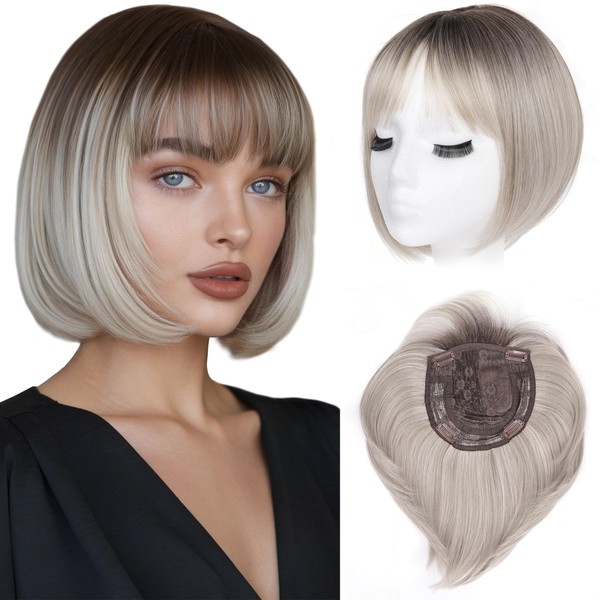 LEEONS Hair Toppers for Women with Bangs Short Bob Synthetic