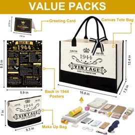 81st Birthday Gifts for Women Canvas Tote Bag Travel Gear, Unique 81 Years Old Birthday Gifts for Girlfriend Sister Friends Her, Vintage 1944 Handbag & Cosmetic Bag & Back in 1944 Poster