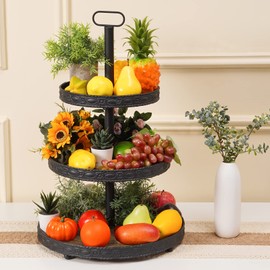 Rusnugic Three Tiered Tray - Farmhouse 3 Tier Serving Tray Wooden and Metal - Large Round 3 Tier Tray Display Stand Vintage Riser Shelf with Handle for Dessert Cupcake Fruit Coffee Table Dining Party