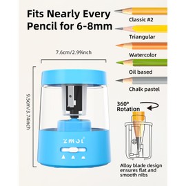 ZMOL Colored Pencil Electric Sharpener, Auto Stop, Plug-in Small Electric Sharpener Battery Powered for 6-8mm No. 2 Pencils Blue