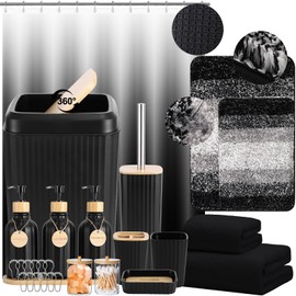 34PCS Bathroom Accessories Set with Shower Curtain,Rugs,Bath Towel,Trash Can,3PCS Lotion Soap Dispenser,Toothbrush Holder,Soap Dish,Tumbler Cup,6PCS Wood Tags Bath Accessories with Tray for Bathroom