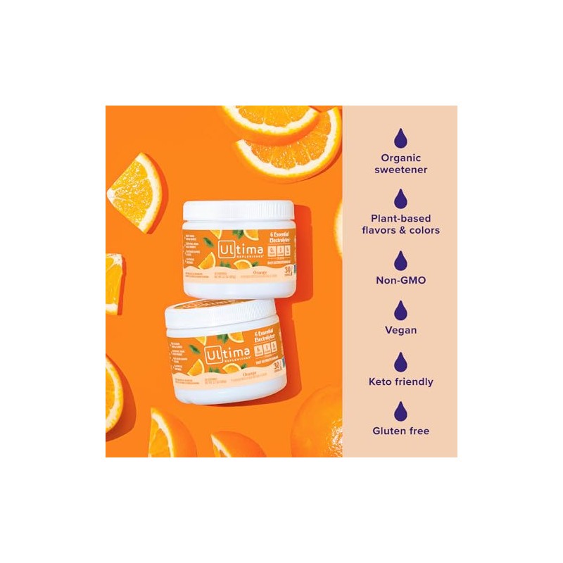 Ultima Replenisher Electrolyte Powder 30 Serving Canister, Orange, 3.6 Ounce