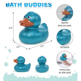 DolliBu Metallic Blue Duck Bath Buddy Squirter - Floating Blue Duck Rubber Bath Toy, Fun Water Squirting Bath Time Play for Toddlers, Animal Toy for Bathtub, Beach, and Pool for Girls and Boys