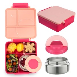 HAPPY LIFE Lonchera niña y niño tipo omiebox incluye termo, bento box c 4 compartimentos modulables de gran capacidad, lunch box con sellado hermético anti-fugas, caja de almuerzo BPA Free (Rosa)