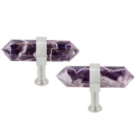 SUNYIK Pack of 2 Amethyst Crystal Point Drawer Knobs with Screws, Hexagonal Double Point Stone Pull Handles for Cabinet Dresser Home Furniture Decor, Stainless Steel Handle