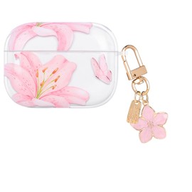 CameCosy Transparent Case Compatible for AirPods Pro 3 Generation 2025 with Flower Pendant, Cute Cover with Pink Lily Flower Pattern for Women, Protective Case in Shockproof Anti-Scratches TPU