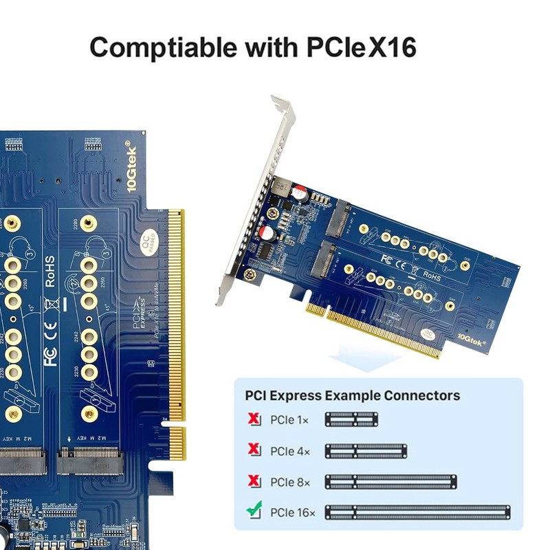 10Gtek 4-Port PCIe 3.0 to NVMe (4) M.2 Converter Adapter