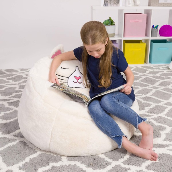 Posh Creations Cute Soft and Comfy Bean Bag Chair for Kids, Large, Animal - Ivory Cat