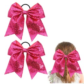Large Hot Pink Sequin Glitter Cheer Hair Bows,Sparkly Bows Ponytail Holder Elastic Band for Cheerleading Teen Girls College Sports (Hot Pink)