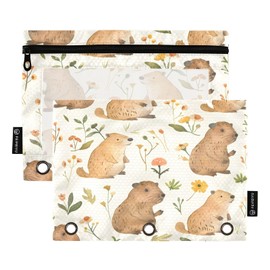 AEZODI Beautiful Capybaras Flower Binder Pencil Pouch 3 Ring with Zipper Clear Window Cosmetic Bag 2 Pack, E01W23017