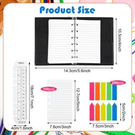 Feifeiya Mini 6 Ring Binder and 3 x 5 Inch Refill Paper Set,1 Black Refillable Binder,100 Lined Loose Leaf Paper, 1 Translucent Bookmark Ruler, 200 of Colorful Index Sticky Tabs for Office