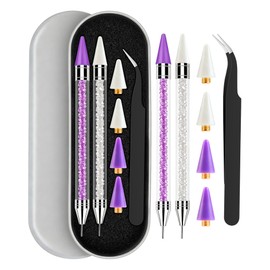 Rhinestone Picker Tool, Wax Pencil for Rhinestones Tool, Dual-ended DIY Nail Bedazzling Tools With 2 Extra Purple and 2 Extra White Replaceable Wax Head and 1 Tweezer(Purple and White)