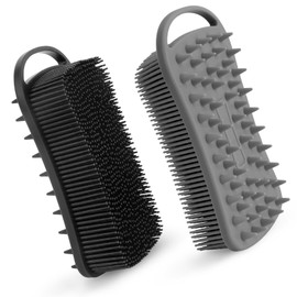 2 PCS Soft Silicone Body Scrubber, 2 in 1 Exfoliating Shower Bath Scrubber, Silicone Loofah Bath and Shampoo Brush Body Shower Use Shower Hair Scalp Massager, Easy to Clean, Lather Well (Grey & Black)