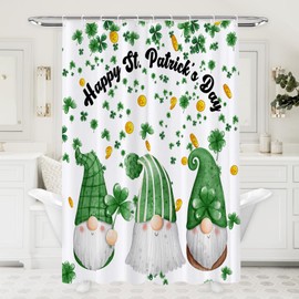 St Patricks Day Shower Curtain, Green Shamrock Leaf with Gnome Shower Curtains, Irish Shower Curtain Set for Bathroom with 12 Hooks 72x72 Inches