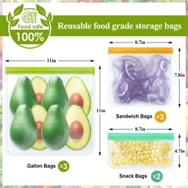 TROUSKAIG 8 Pack Silicone Bags Reusable Storage Silicone Bags-3 Reusable Gallon Freezer 3 Sandwich 2 Snack Bags, Leakproof Food Storage Containers for Home Work