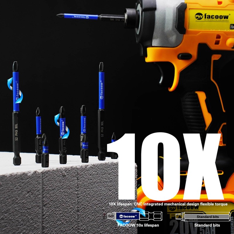 Facoow Phillips Impact Driver Bits, #2&1 Phillips Head Magnetic Screwdriver