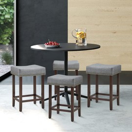 COSTWAY Counter Height Bar Stools Set of 4, 24-Inch Height Backless Square-Shaped Saddle Stools with Brass Nailhead Trim, Thick Linen Cushion, Solid Rubberwood Legs, Modern Contemporary Style, Grey