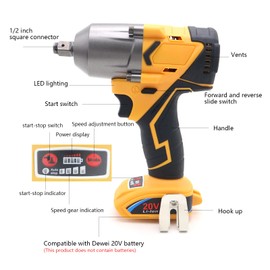 FSYAO 500 ft-lbs maximum torque, 20V 1/2 inch cordless impact wrench-brushless, 4-speed adjustment, automatic start and stop.(Host only/Without battery).