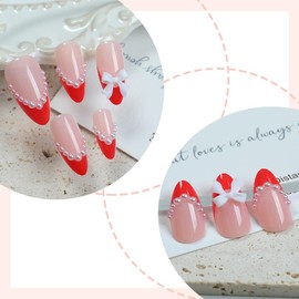 Hrnsnails Almond Press On Nails Medium Fake Nails with Bow and Pearl Charm Red French Tip Nails Design, Artificial False Nails Press On Nail Kit Stick On Nails for Women