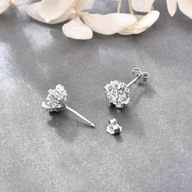 14K White Gold Plated 925 Sterling Silver Solitaire Round Cubic Zirconia Stud Earrings 5mm-6mm Options, CZ Studs Hypoallergenic Jewelry for Women Men